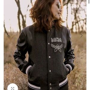 MCM Black Leather Sleeve Varsity Jacket, zip off sleeves to make a vest 2 in 1